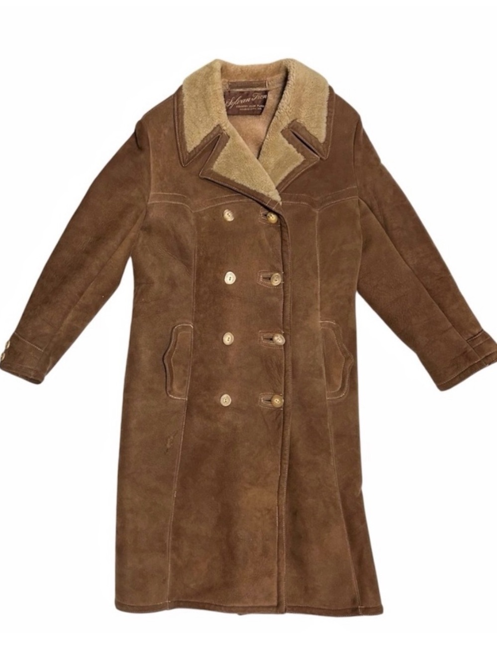 Vintage 70s Sylan Tron Suede Shearling Coat Sheepskin Double Breasted Tan